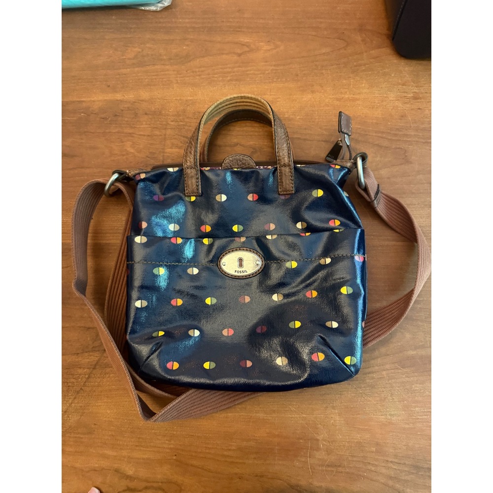 Fossil Navy Blue Multicolor Dot Coated Canvas Crossbody Bag Keyhole Eclectic
